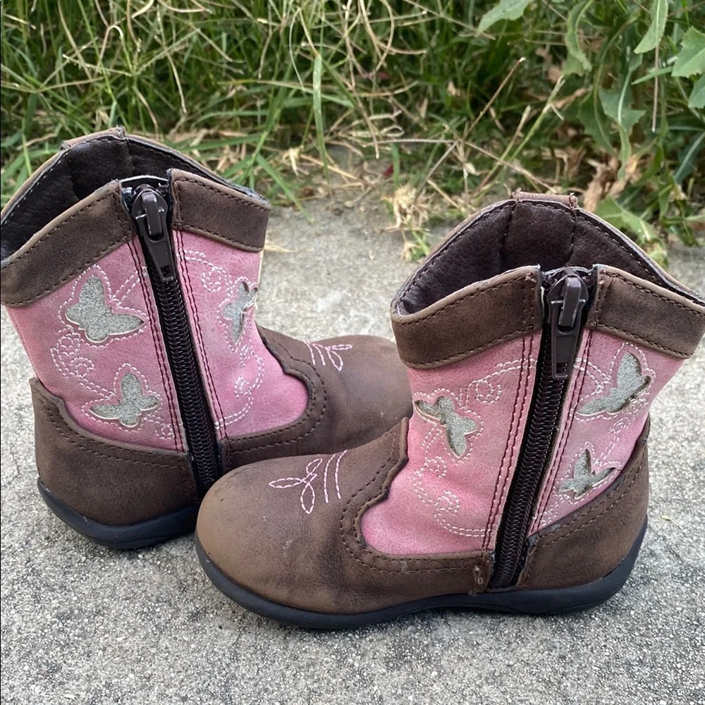 Pink and Brown Kids Cowboy Boots Cowgirl Western boot with Silver Butterfly’s - Picture 7 of 12